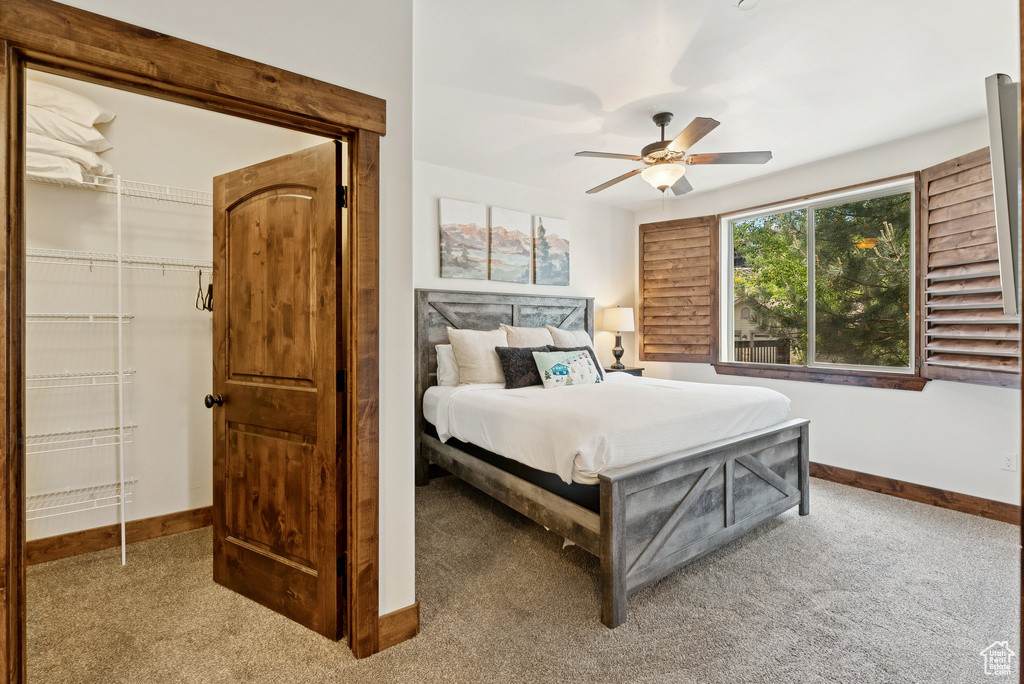 Bedroom with light colored carpet, a closet, a ceiling fan, and a walk in closet