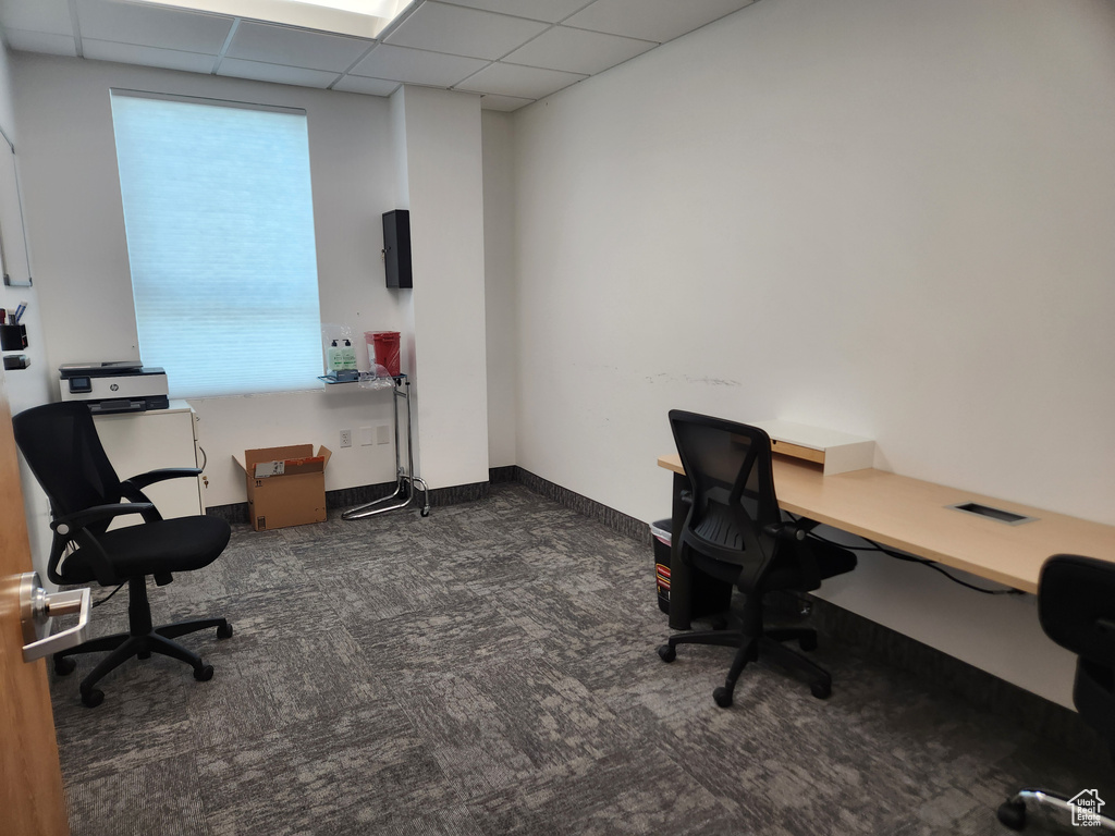 Carpeted office with a drop ceiling