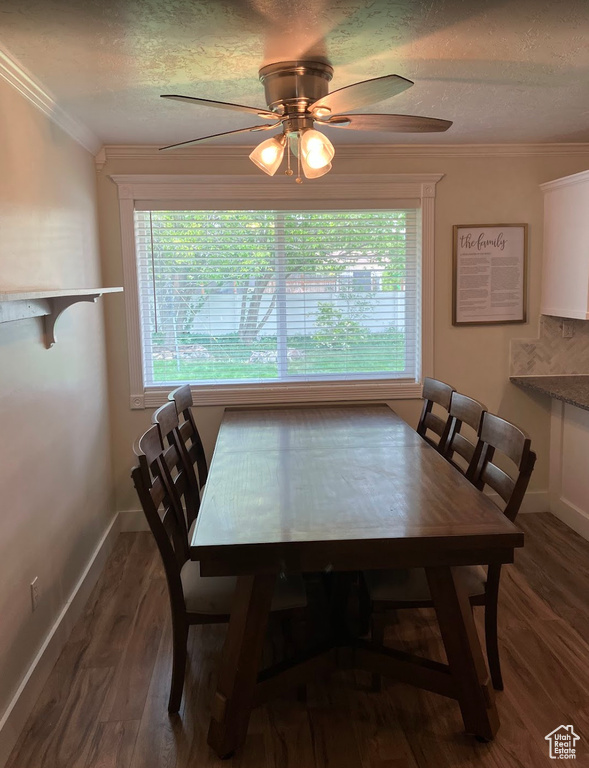 Dining room with ceiling fan, ornamental molding, wood finished floors, and a textured ceiling