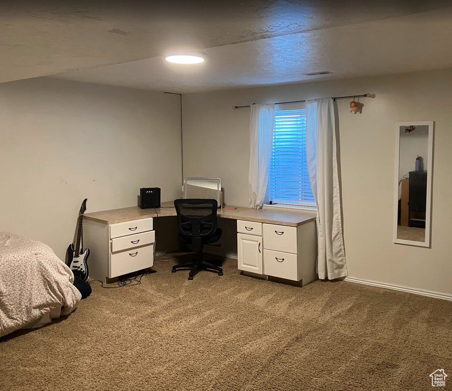 Office area featuring light colored carpet