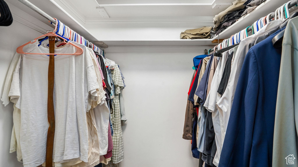 Spacious closet featuring attic access