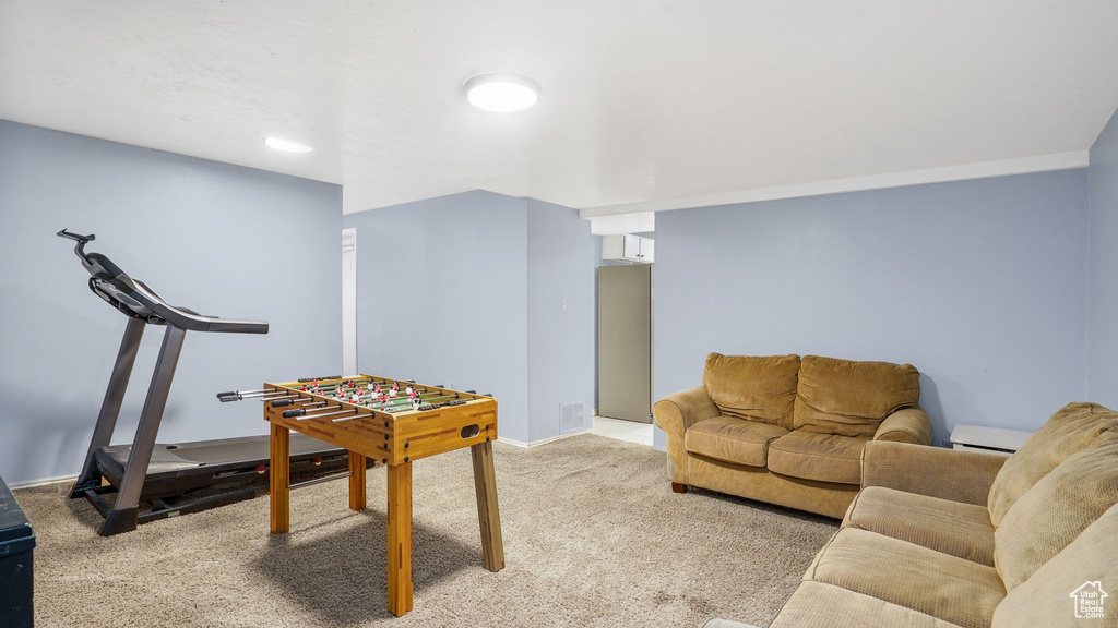Rec room with carpet floors and baseboards
