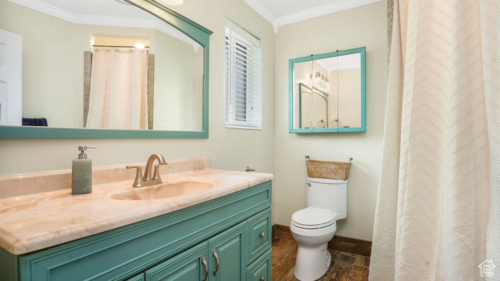 Full bathroom featuring ornamental molding, wood finished floors, vanity, and a shower with curtain