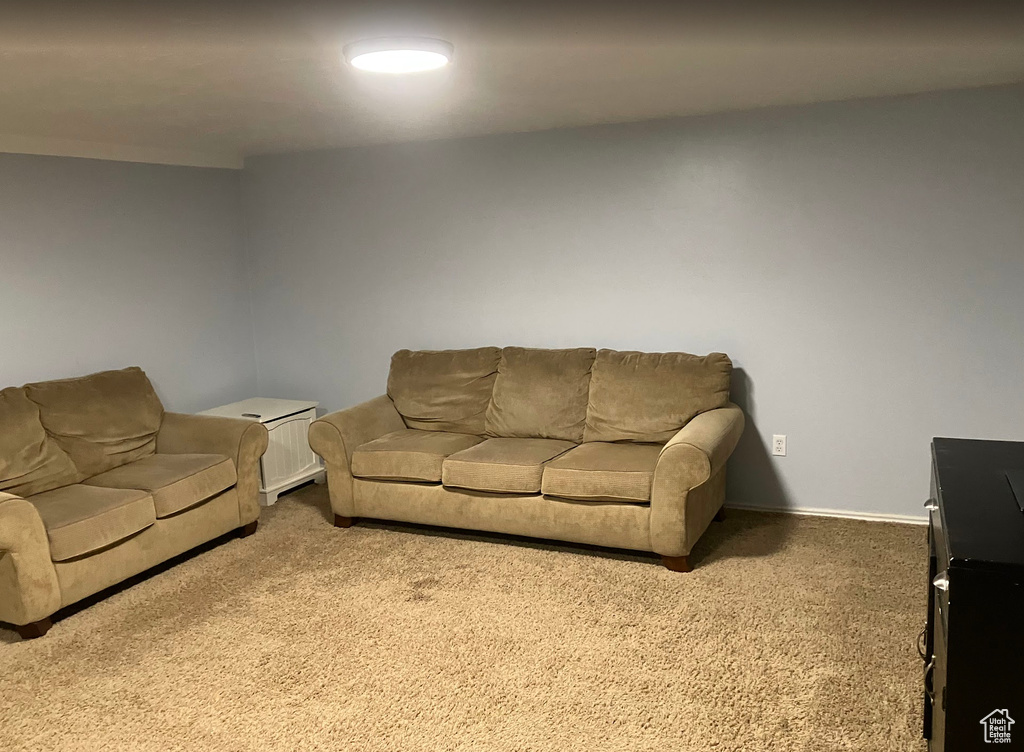 Carpeted living room featuring baseboards