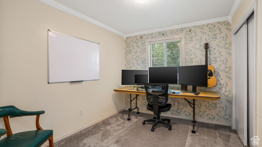 Office featuring crown molding, carpet floors, and wallpapered walls