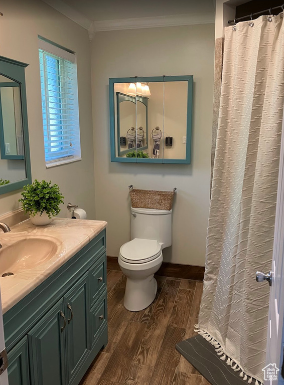 Bathroom with vanity, ornamental molding, wood finished floors, and a shower with curtain