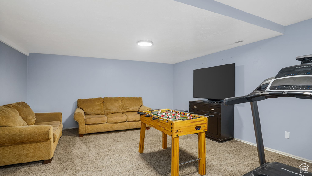 Recreation room with light colored carpet