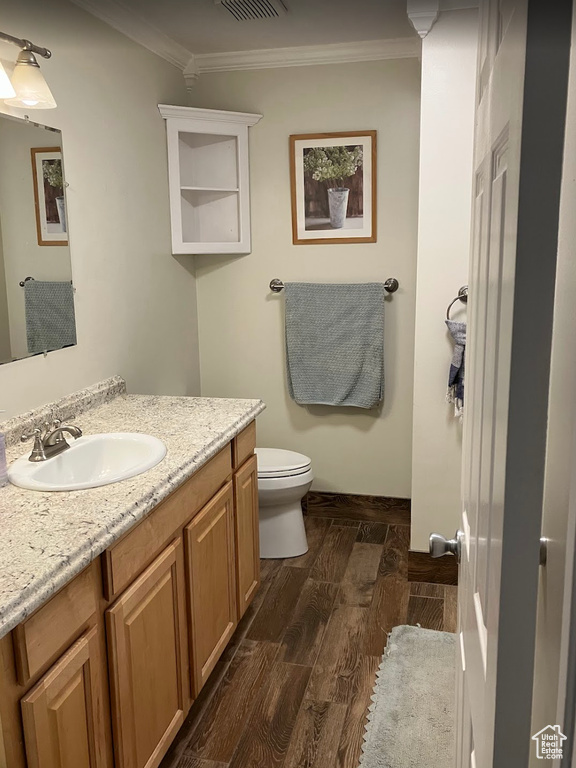 Bathroom featuring wood finished floors, vanity, and ornamental molding