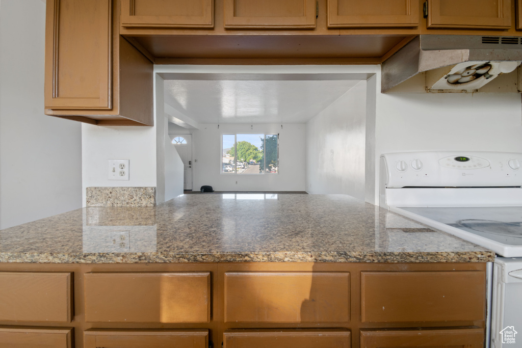 Kitchen featuring electric stove, extractor fan, and stone countertops