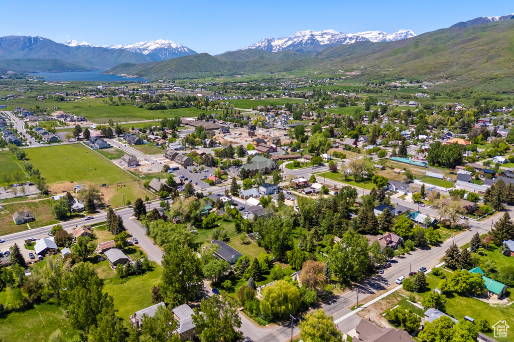 Aerial perspective of suburban area with mountains