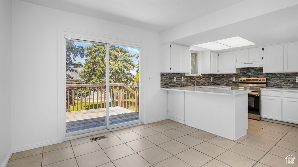Kitchen featuring stainless steel range with electric stovetop, under cabinet range hood, tasteful backsplash, white cabinets, and a peninsula