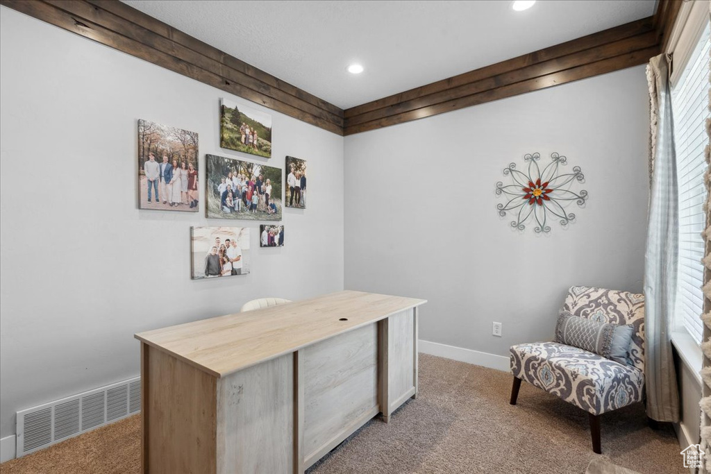 Office with carpet floors and recessed lighting