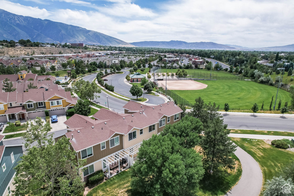 Aerial view of residential area with mountains