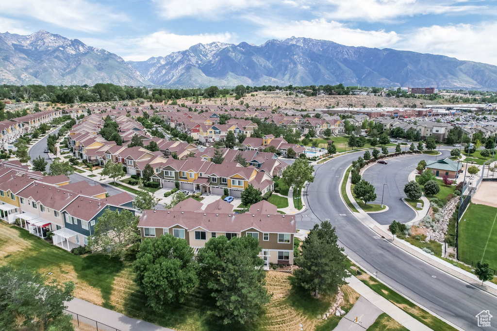 Aerial perspective of suburban area featuring mountains