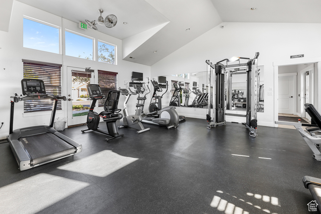 Exercise room with high vaulted ceiling