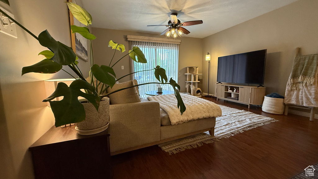 Living room featuring wood finished floors and a ceiling fan