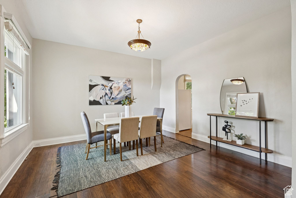 Dining room featuring plenty of natural light, wood finished floors, and arched walkways