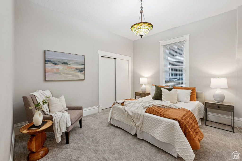 Bedroom with carpet floors and a closet