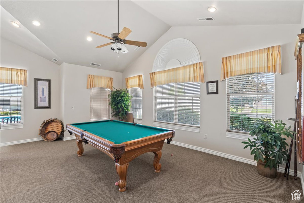 Recreation room with lofted ceiling, carpet floors, a ceiling fan, billiards, and recessed lighting
