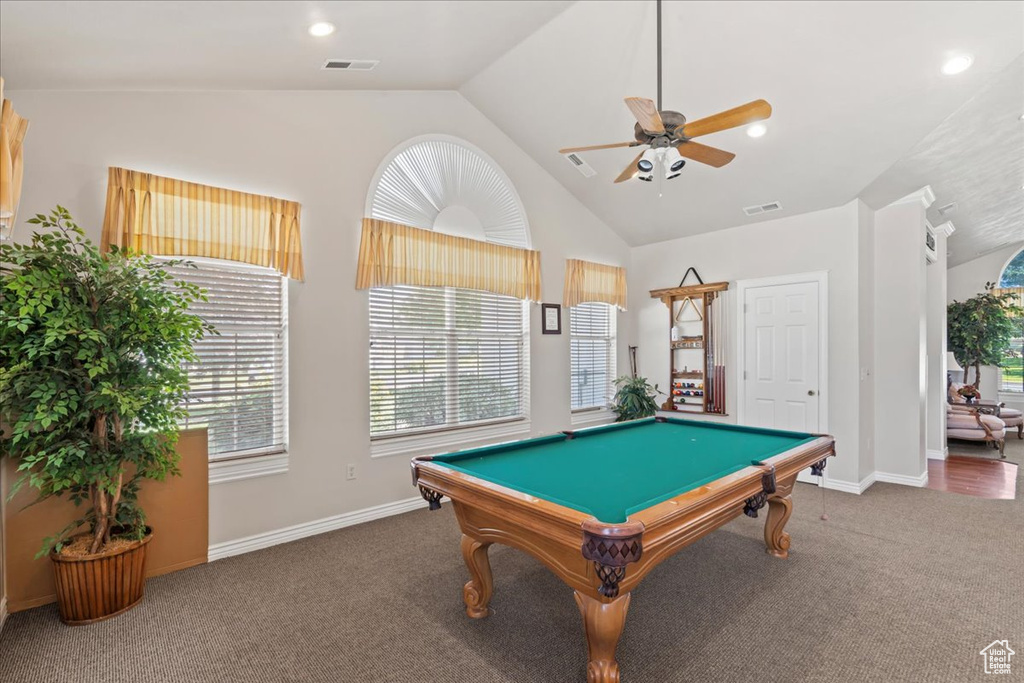 Game room with a ceiling fan, carpet flooring, pool table, high vaulted ceiling, and recessed lighting