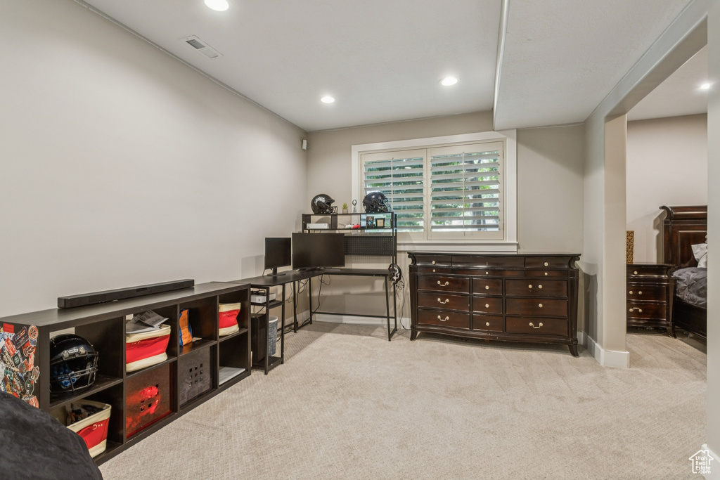 Playroom featuring carpet flooring, recessed lighting, and an office area
