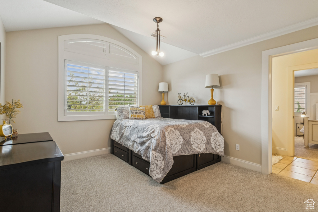Carpeted bedroom featuring lofted ceiling and baseboards