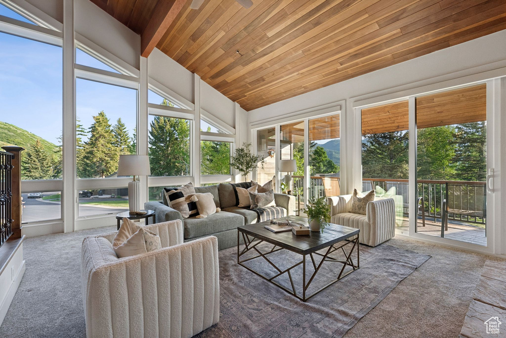 Sunroom with outdoor lounge area, wooden ceiling, and carpet