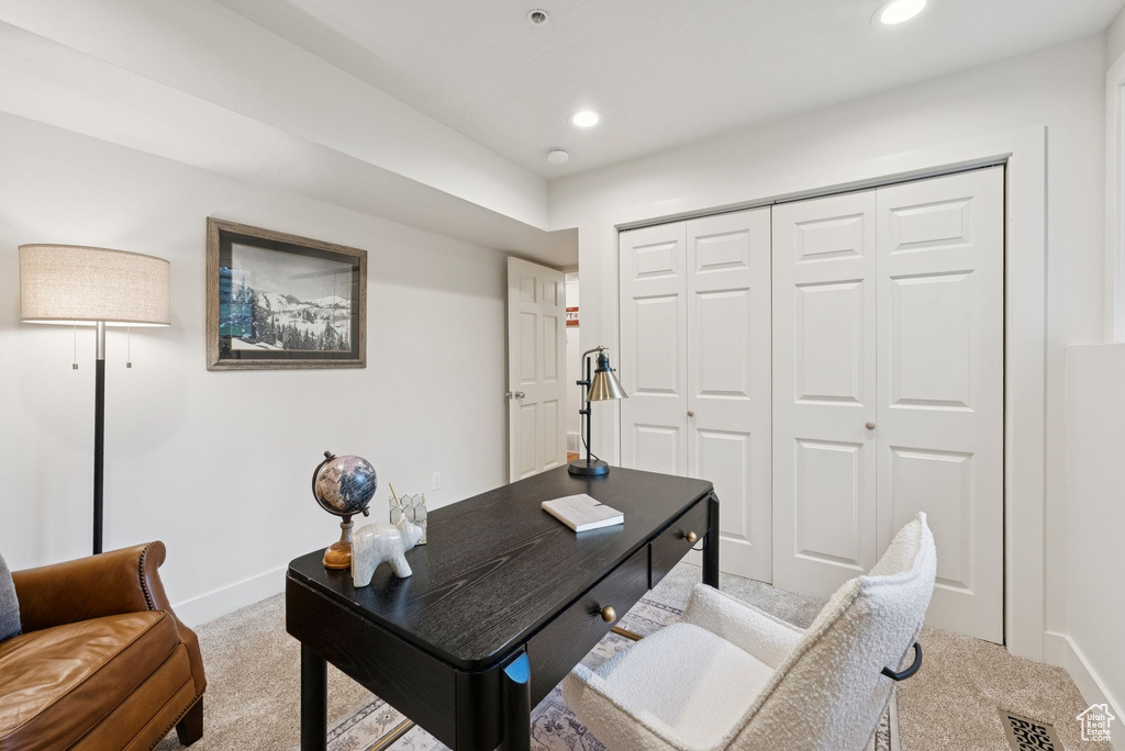 Office featuring carpet floors and recessed lighting