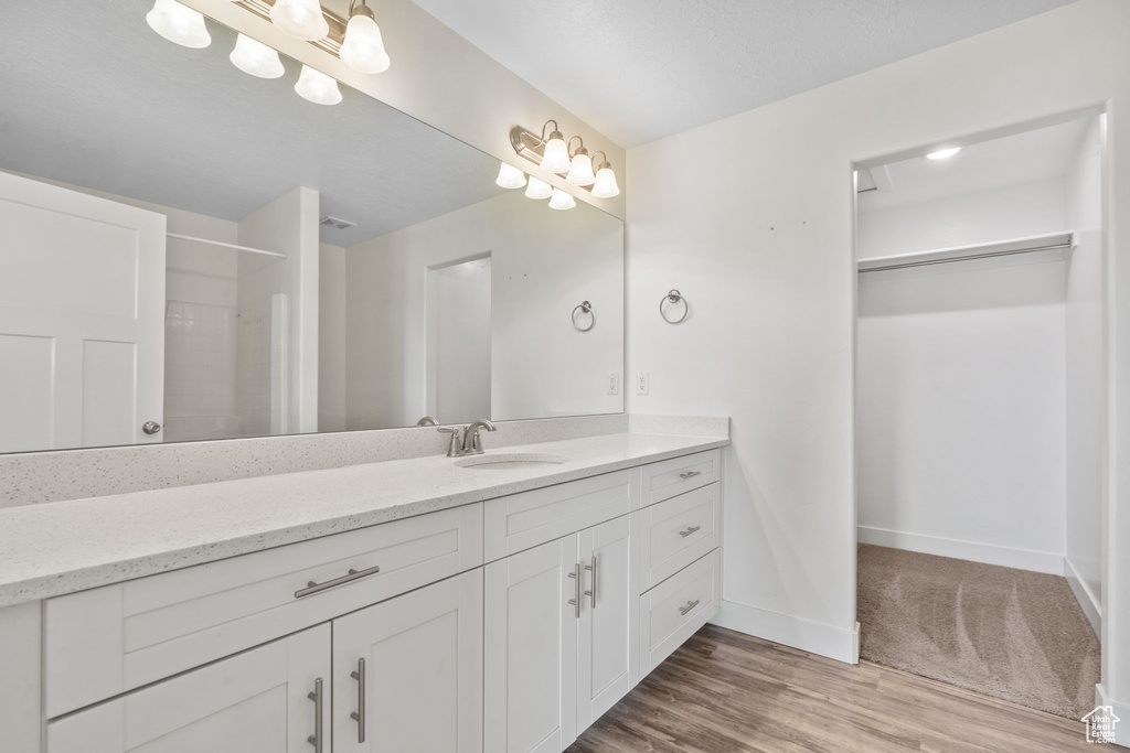 Bathroom with vanity, a spacious closet, wood finished floors, and a shower