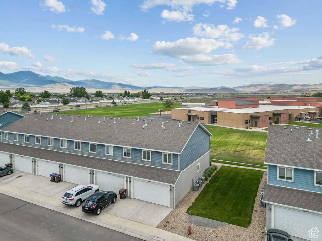 Aerial view of residential area with mountains