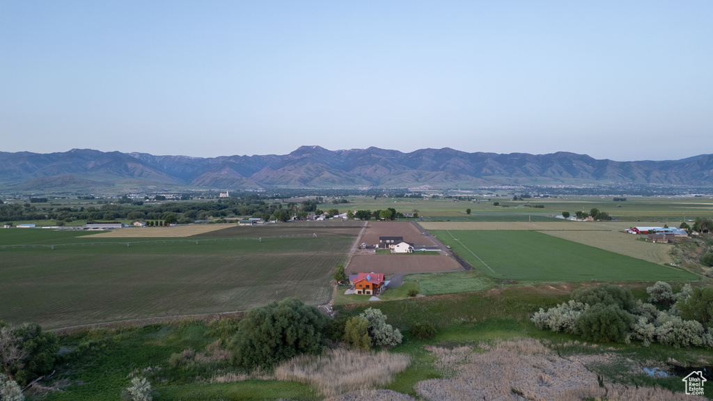 View of mountain backdrop with rural landscape and extensive farmland