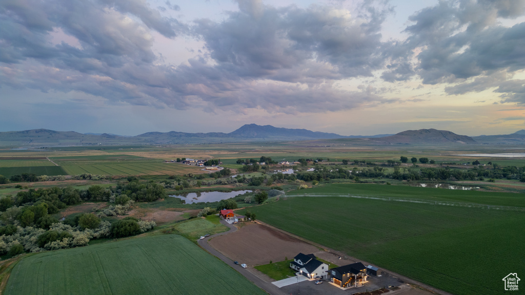 Aerial overview of property\'s location featuring rural landscape and a water and mountain view