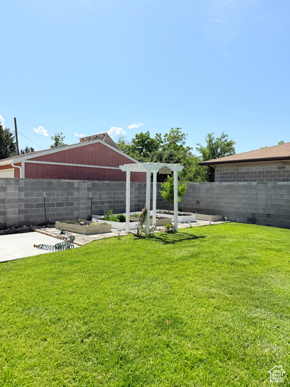 Fenced backyard with a garden