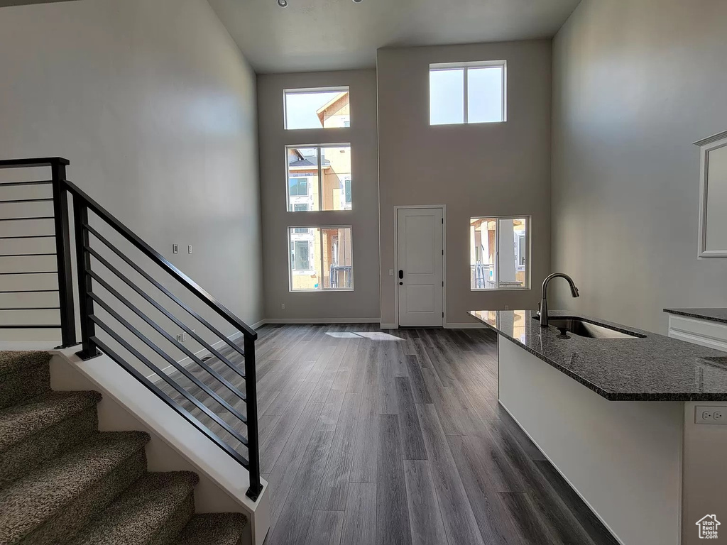 Entrance foyer with a high ceiling, stairs, and dark wood finished floors