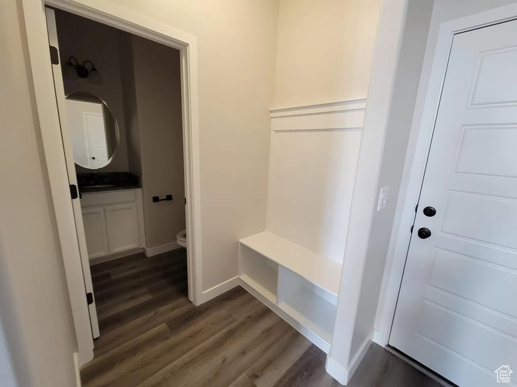 Mudroom with dark wood finished floors and baseboards