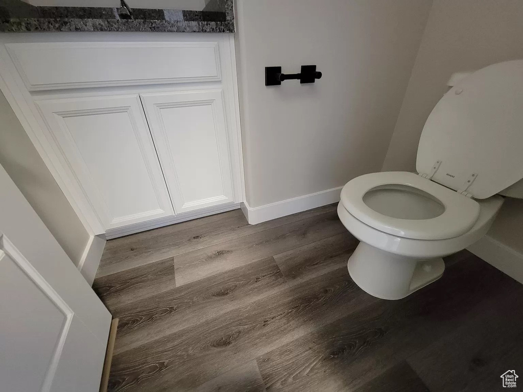 Bathroom with wood finished floors and vanity