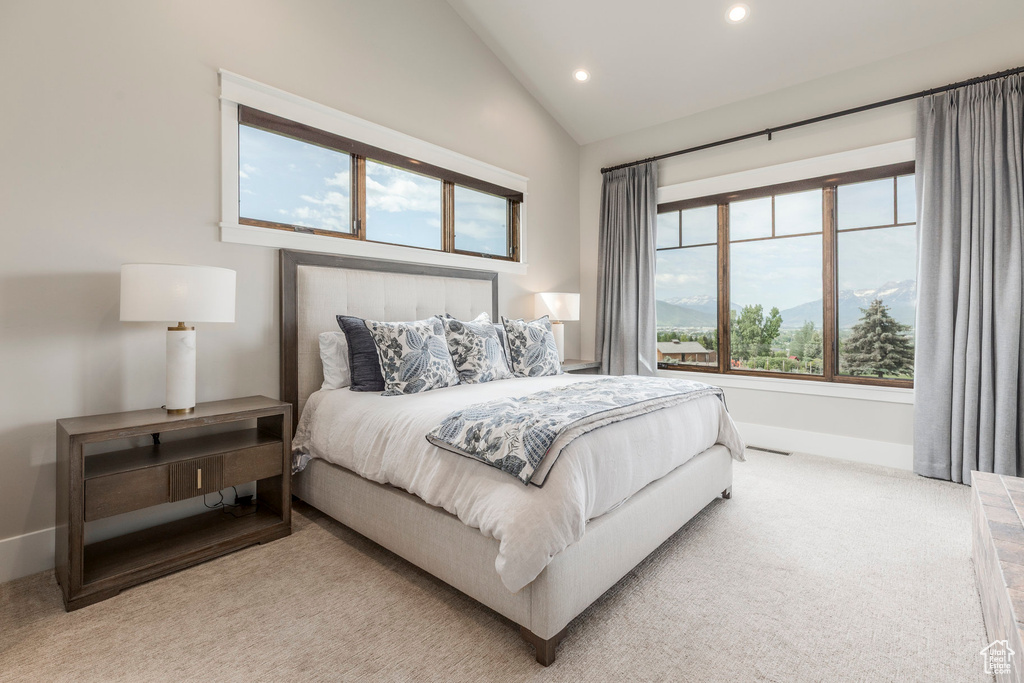 Bedroom featuring recessed lighting, carpet, and high vaulted ceiling