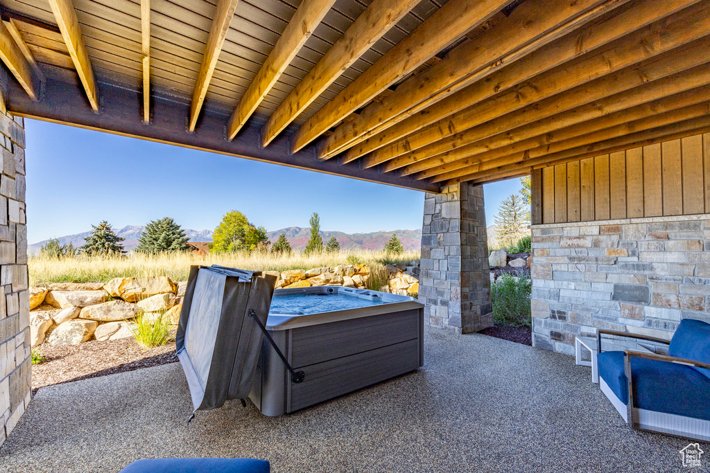 View of patio featuring a mountain view
