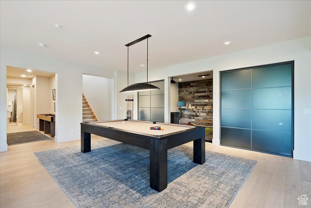 Recreation room featuring billiards table, light wood-type flooring, and recessed lighting