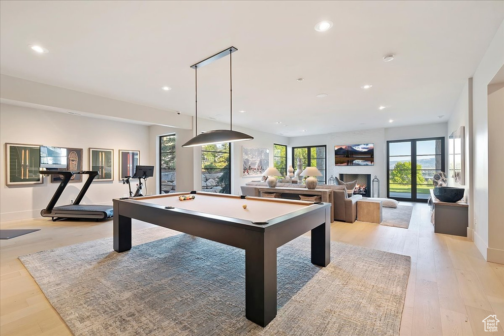 Playroom with pool table, healthy amount of natural light, light wood-style floors, and recessed lighting