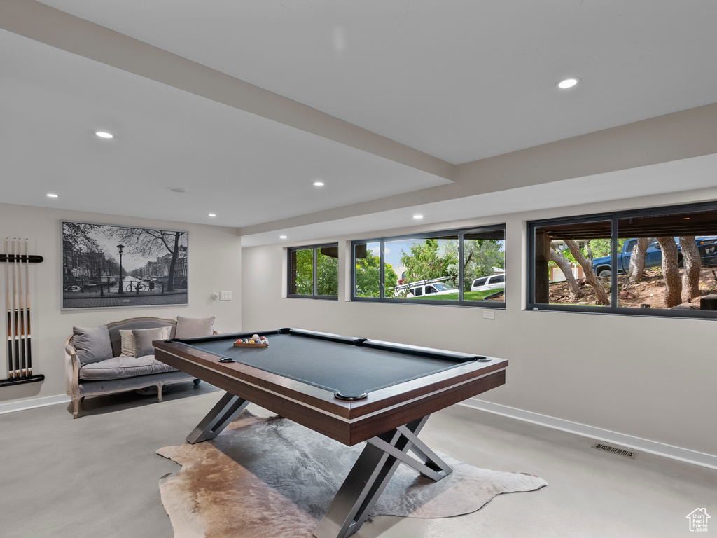 Rec room with recessed lighting, billiards, and concrete floors