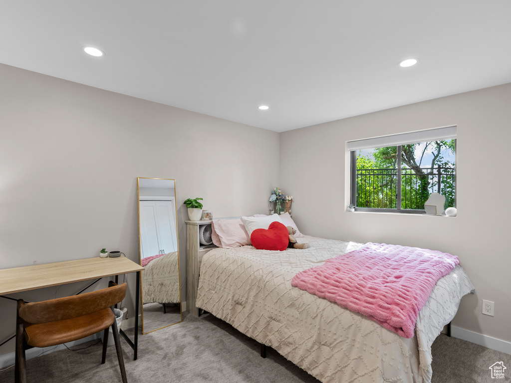 Bedroom with carpet flooring and recessed lighting