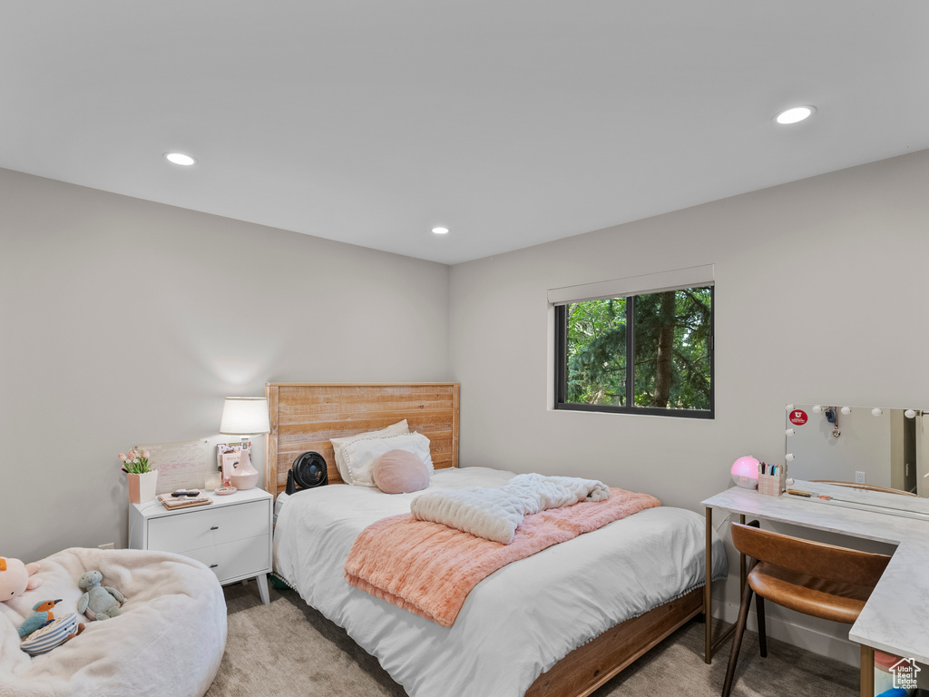 Carpeted bedroom featuring recessed lighting