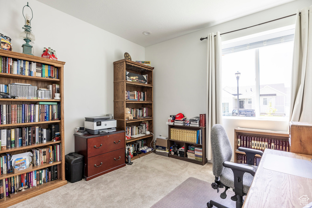View of carpeted home office