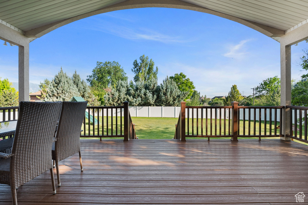 Deck with a fenced backyard