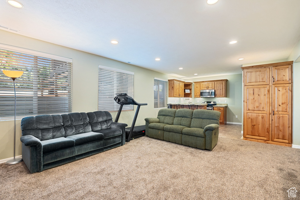 Living area with light colored carpet and recessed lighting
