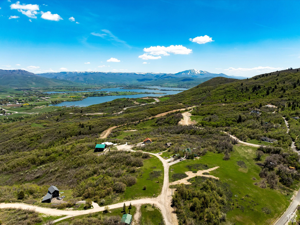 Aerial view of a water and mountain view