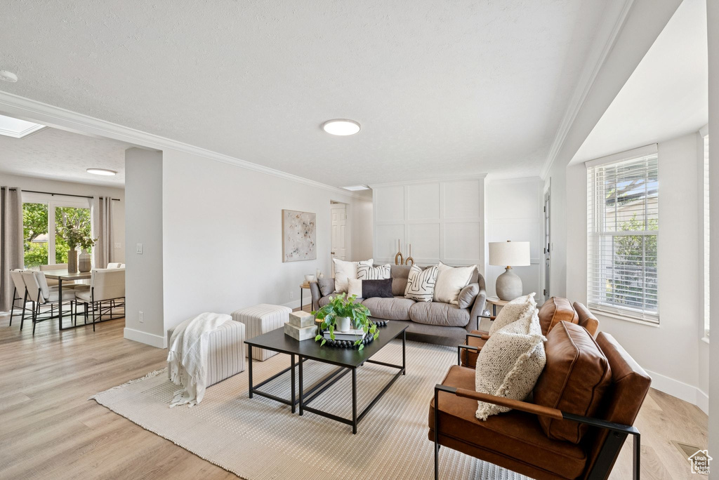 Living room with crown molding and light wood-type flooring