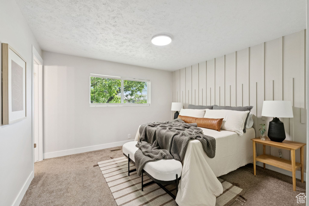 Carpeted bedroom featuring a textured ceiling