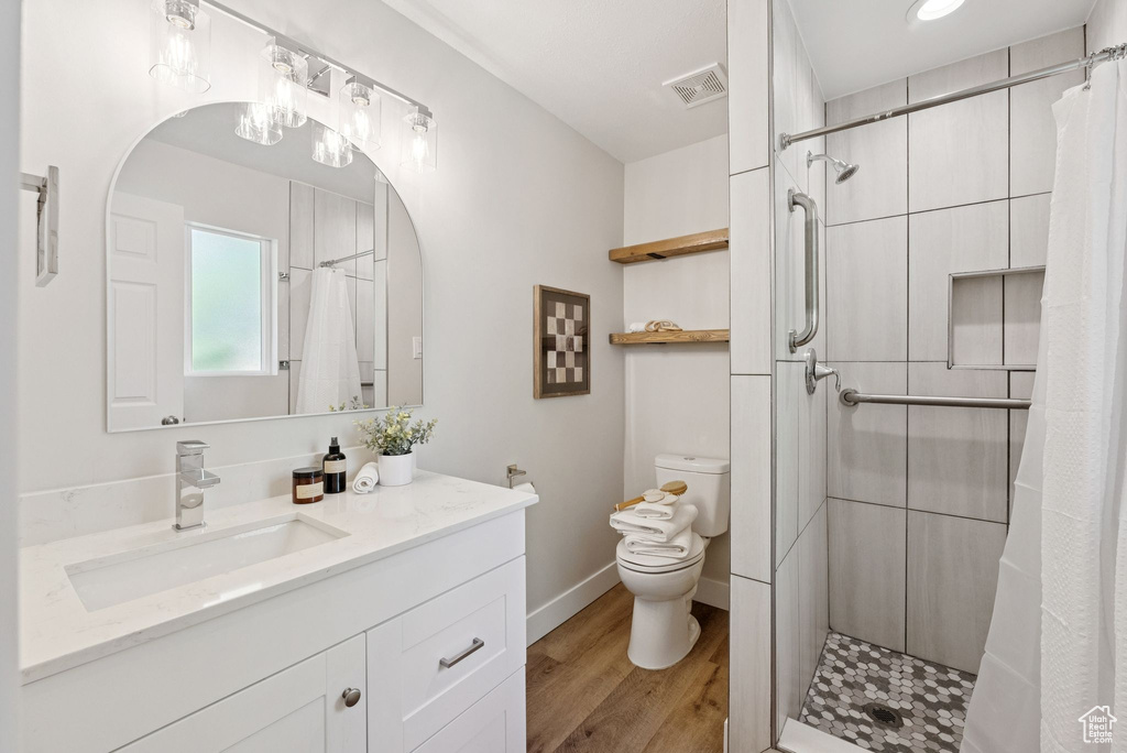 Bathroom with vanity, a stall shower, and wood finished floors